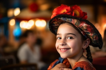 Portrait of a cute little girl in a hat and dress at a cafeの素材