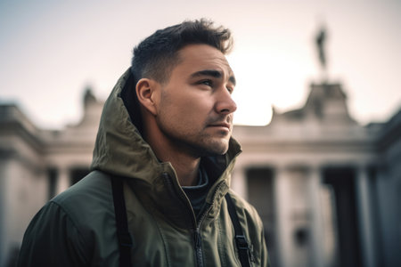 Portrait of a handsome young man in a green jacket on the street.の素材