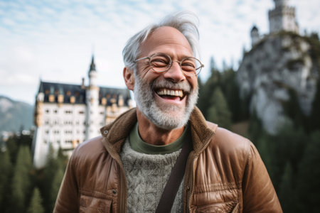 Portrait of smiling senior man in eyeglasses standing in front of the castleの素材