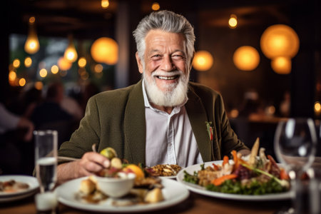 Portrait of a smiling senior man having lunch in a restaurant.の素材
