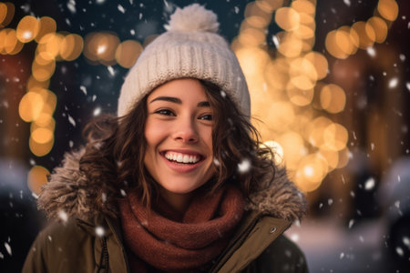winter, christmas, happiness and people concept - smiling young woman in warm clothes over night lights backgroundの素材