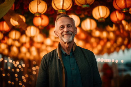 Portrait of a smiling senior man standing in front of lanternsの素材