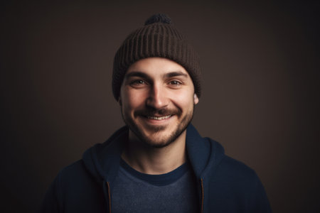 Portrait of a smiling young man in a knitted hat.の素材