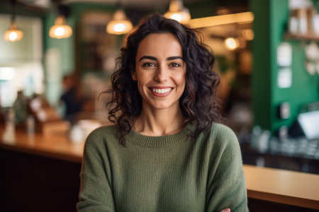 Portrait of beautiful woman smiling at camera while standing in coffee shopの素材