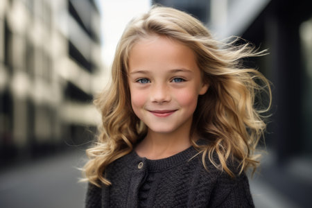 Portrait of a cute little girl with long blonde hair in the cityの素材