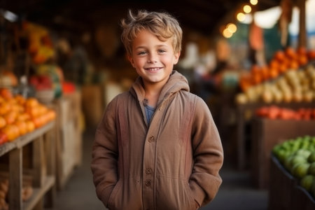 Portrait of smiling boy standing in fruit market and looking at cameraの素材