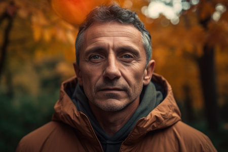 Portrait of a middle-aged man in an autumn park.の素材