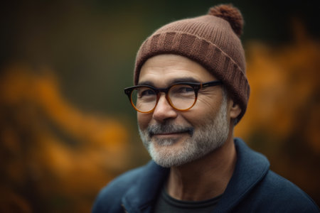 Portrait of a senior man in glasses and a hat in the autumn park.の素材