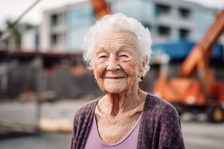 Portrait of an elderly woman on the background of a construction siteの素材