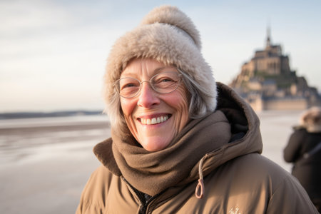Portrait of happy senior woman on the embankment in winter.の素材