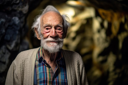 Portrait of an old man in a mine, shallow depth of fieldの素材