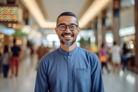 Portrait of happy mature Asian man with eyeglasses in shopping mallの素材