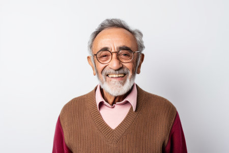 Portrait of happy senior asian man in eyeglasses on white backgroundの素材