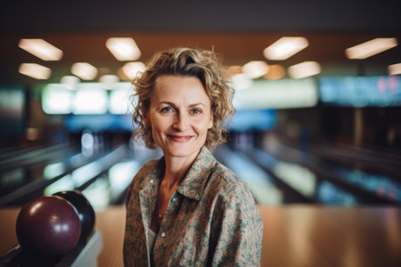 Portrait of smiling middle-aged woman with bowling ball in bowling clubの素材