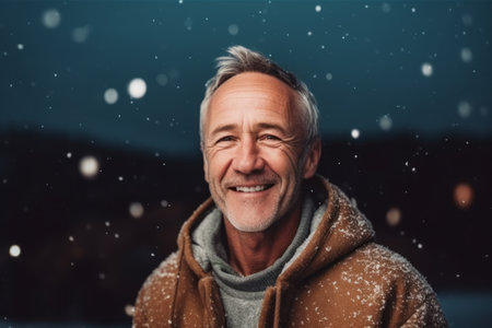 Portrait of a smiling senior man standing outdoors with snowflakes in the backgroundの素材