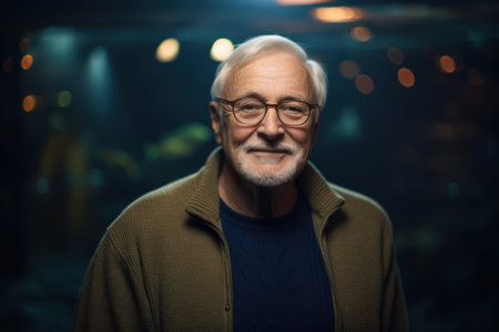 Portrait of a senior man with glasses against a night city backgroundの素材