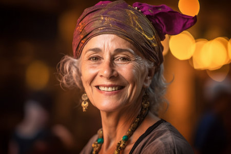 Portrait of a happy senior woman wearing turban at night.の素材