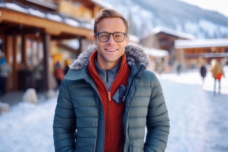 Portrait of young man in winter clothes smiling at camera while standing outdoorsの素材