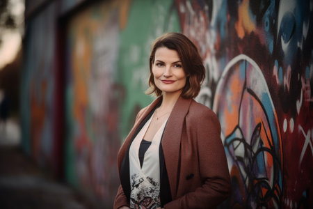Portrait of a beautiful young woman on a background of graffiti wallの素材