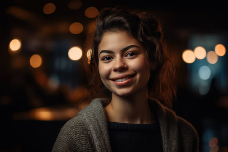 Portrait of a beautiful young woman in a cafe on a dark backgroundの素材