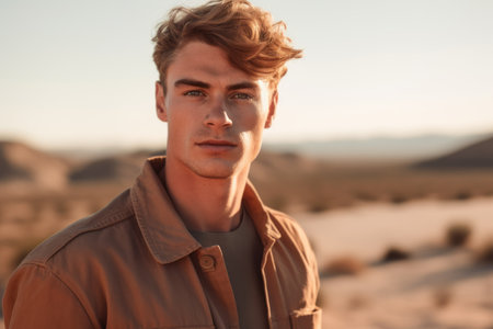 Portrait of a handsome young man in the desert. Men's beauty, fashion.の素材