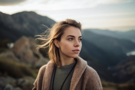 Portrait of a beautiful young woman in the mountains at sunset.の素材