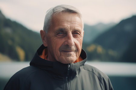 Portrait of senior man with gray hair looking at camera while standing near lakeの素材