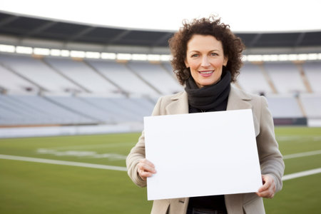 Portrait of a smiling businesswoman holding a blank placard at a soccer stadiumの素材