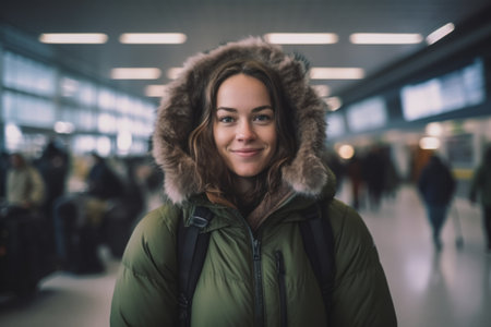 Portrait of a young woman in a winter coat at the airportの素材