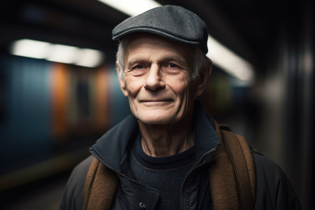 Portrait of a smiling senior man in a subway station (color toned image)の素材