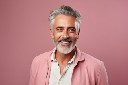 Portrait of a happy mature man smiling at the camera isolated over pink backgroundの素材
