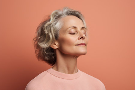 beautiful middle aged woman with closed eyes looking away isolated on orangeの素材