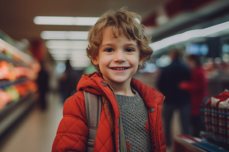 Portrait of cute little boy in the supermarket. Happy child in the supermarket.の素材