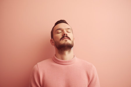 Young man with closed eyes on a pink background. The concept of relaxation and calmness.の素材