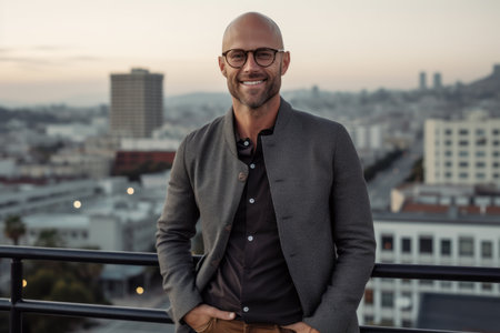 Portrait of a handsome bald man with eyeglasses standing on the rooftopの素材