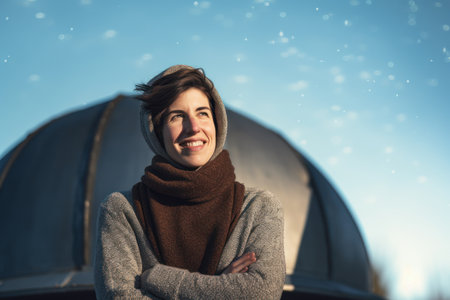 Portrait of a young woman on a background of an observatoryの素材