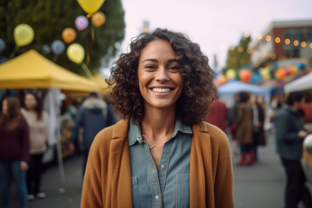 Portrait of beautiful young woman with curly hair smiling and looking at camera while standing outdoorsの素材