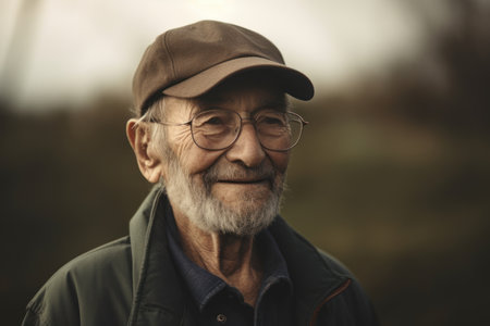 Portrait of a senior man with a cap and glasses in the parkの素材