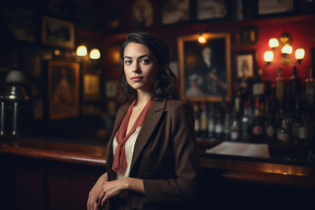 Portrait of a beautiful brunette businesswoman in a pub.の素材