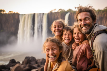 Happy family with kids in front of Iguazu Falls in Argentinaの素材
