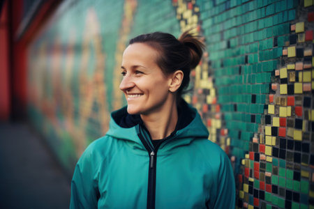 Young woman in sportswear smiling and looking away while standing against colorful mosaic wallの素材