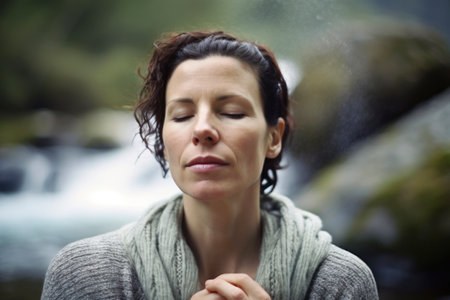 Portrait of a beautiful woman in front of a waterfall in the rainの素材