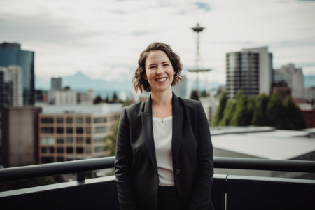 Portrait of a smiling businesswoman standing on the roof of a skyscraperの素材