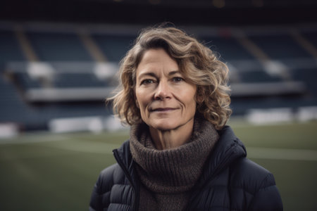 Portrait of a senior woman on a football stadium in winter.の素材