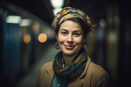 Portrait of a beautiful young woman wearing a headscarf and coatの素材