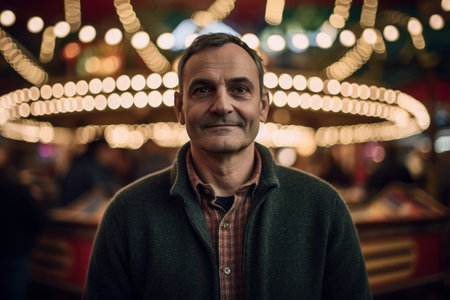 Portrait of a senior man on a fairground at night.の素材