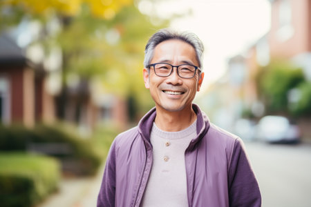 Portrait of a smiling asian senior man standing outdoors in the cityの素材
