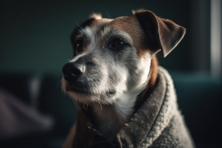 Portrait of a dog wrapped in a warm scarf at home.の素材