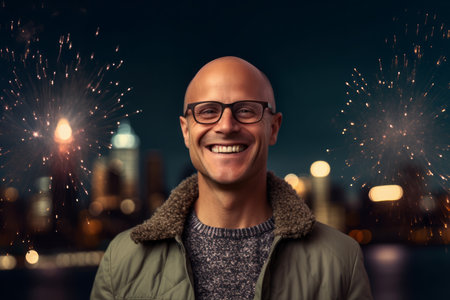 smiling man with glasses and fireworks in the night sky on the backgroundの素材