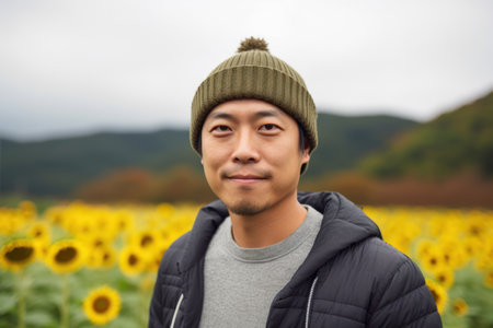 Portrait of asian young man standing in sunflower field and looking at cameraの素材